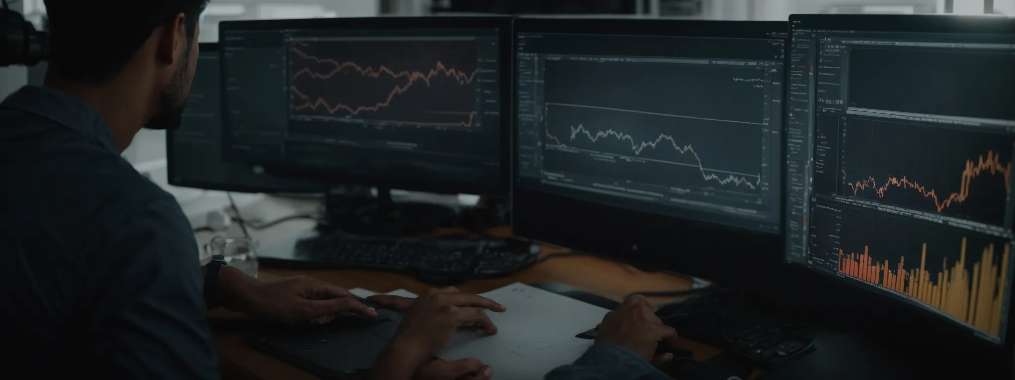 a person analyzing complex graphs and charts on a computer screen to optimize a digital marketing strategy.