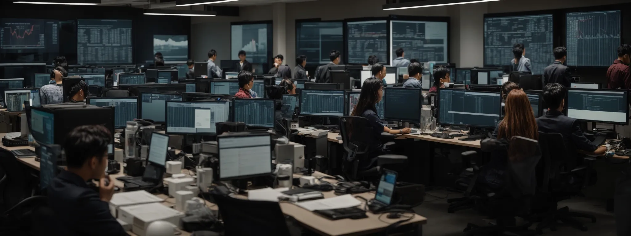 a bustling digital marketing office where professionals are intently analyzing data on large computer screens.