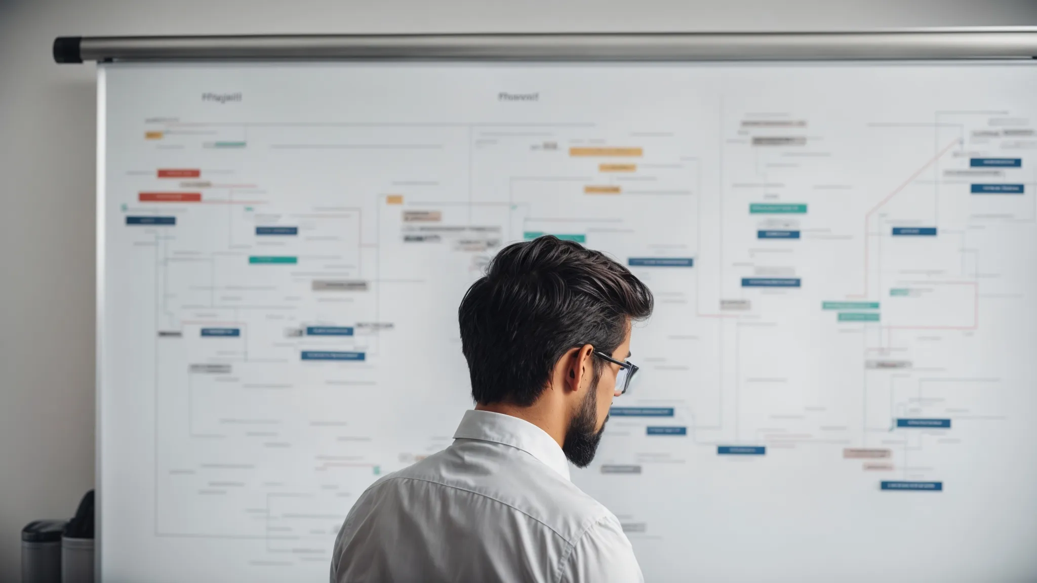 a focused individual studying a large flowchart with website and search engine icons on a whiteboard in a bright, modern office.