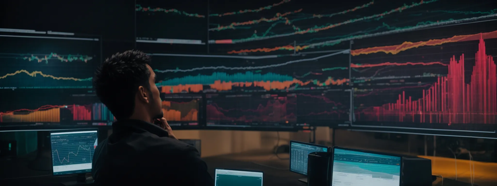 a focused individual in front of a large monitor displaying colorful analytics dashboards, reflecting on audience insights.