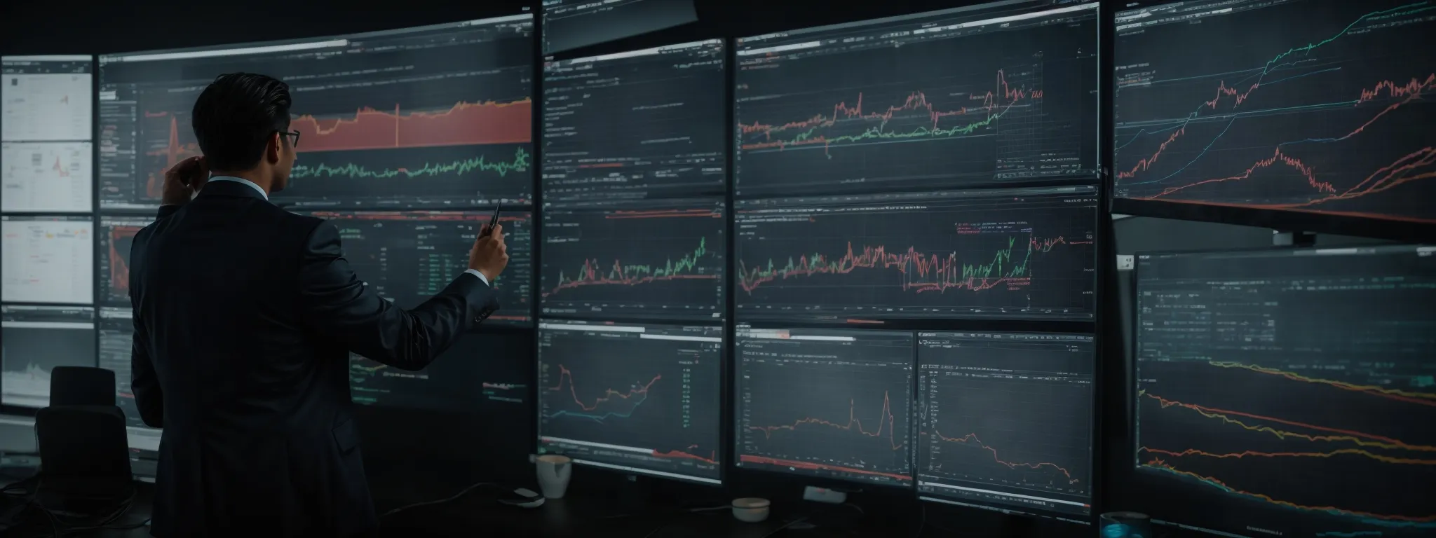 a marketer evaluating charts and graphs on a large monitor showcasing website traffic patterns.