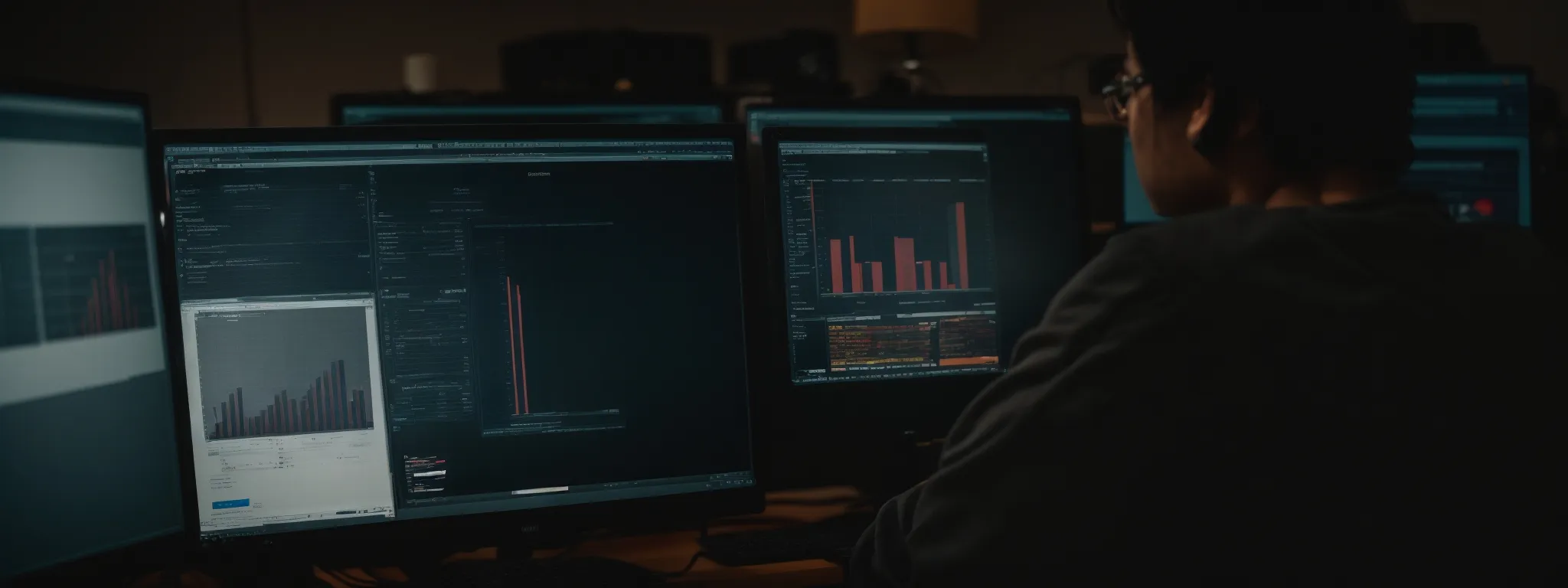 a person intently analyzing complex data on a computer screen in an office setting.