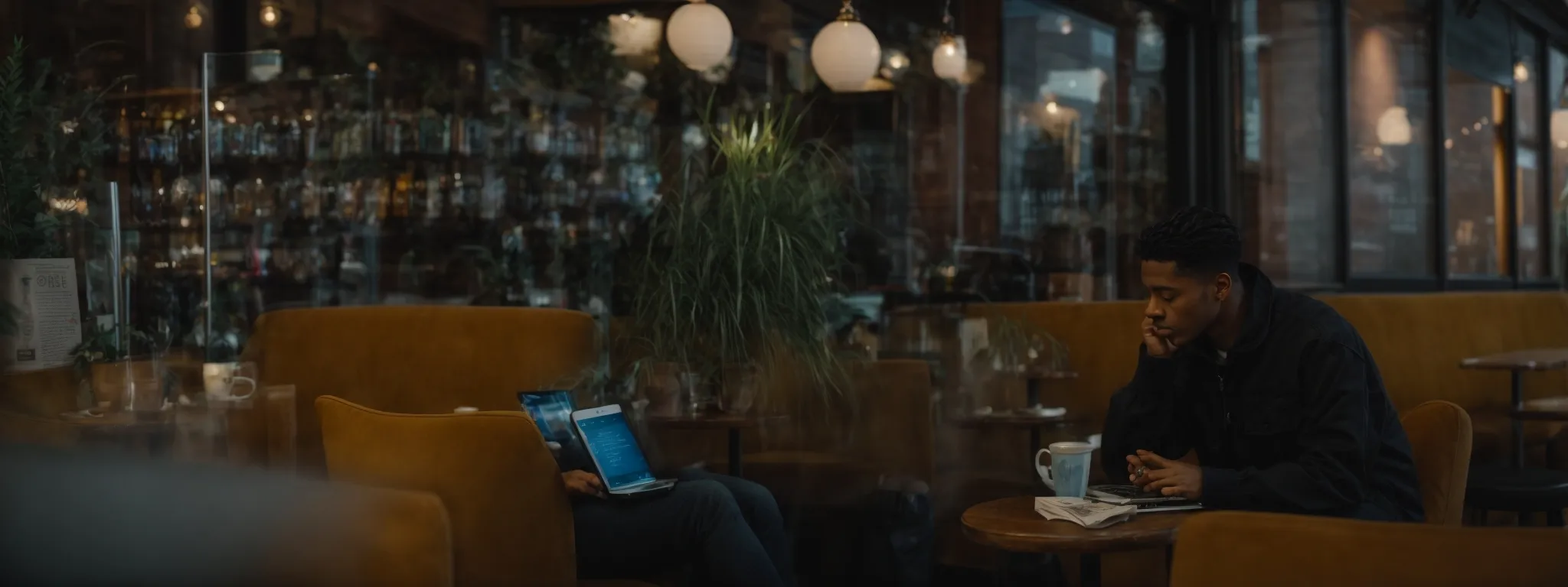 a person sits in a cozy coffee shop in cleveland, absorbed in reading an seo blog post on their laptop.