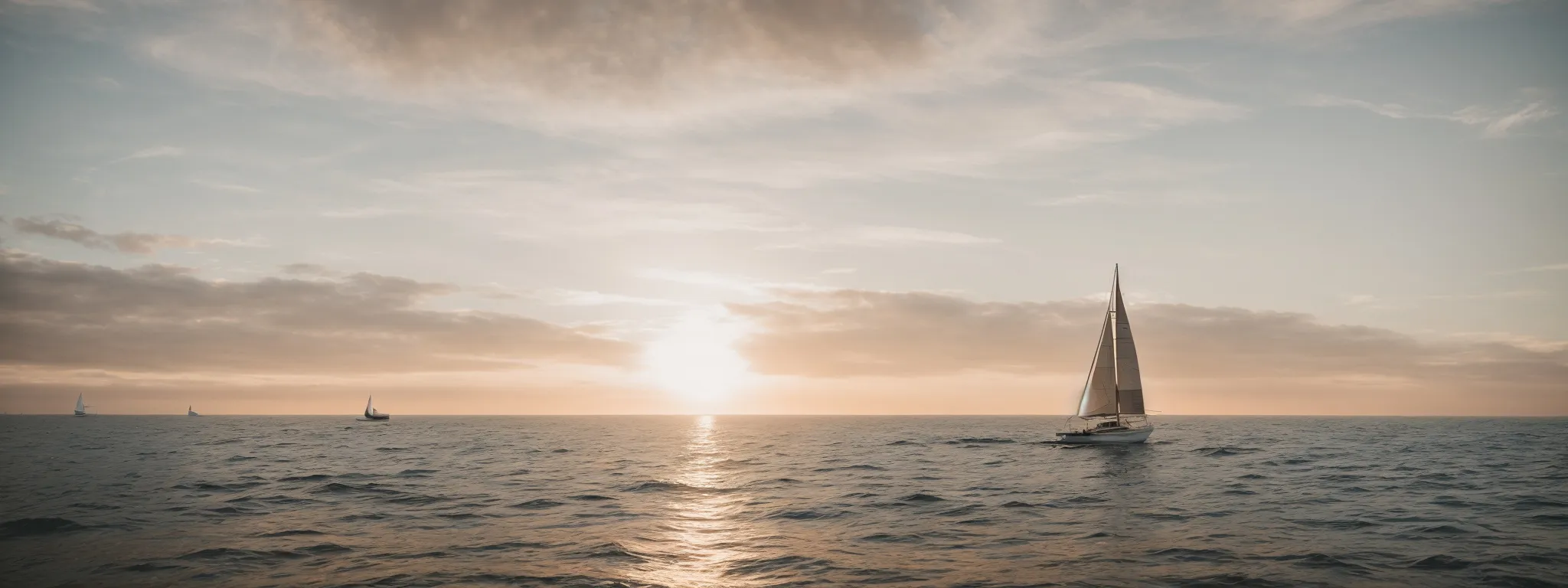 a sailboat embarks on a voyage across a serene sea at sunrise, symbolizing the beginning of a strategic digital marketing journey.
