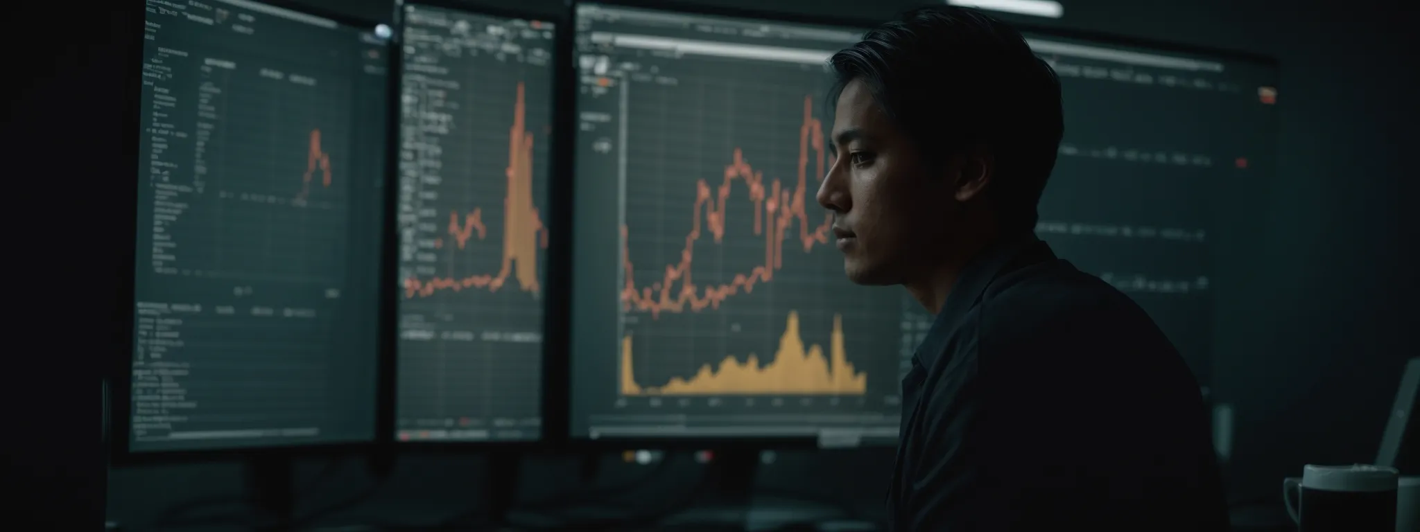 a marketer stares intently at a computer screen, analyzing graphs that represent fluctuating email campaign statistics.