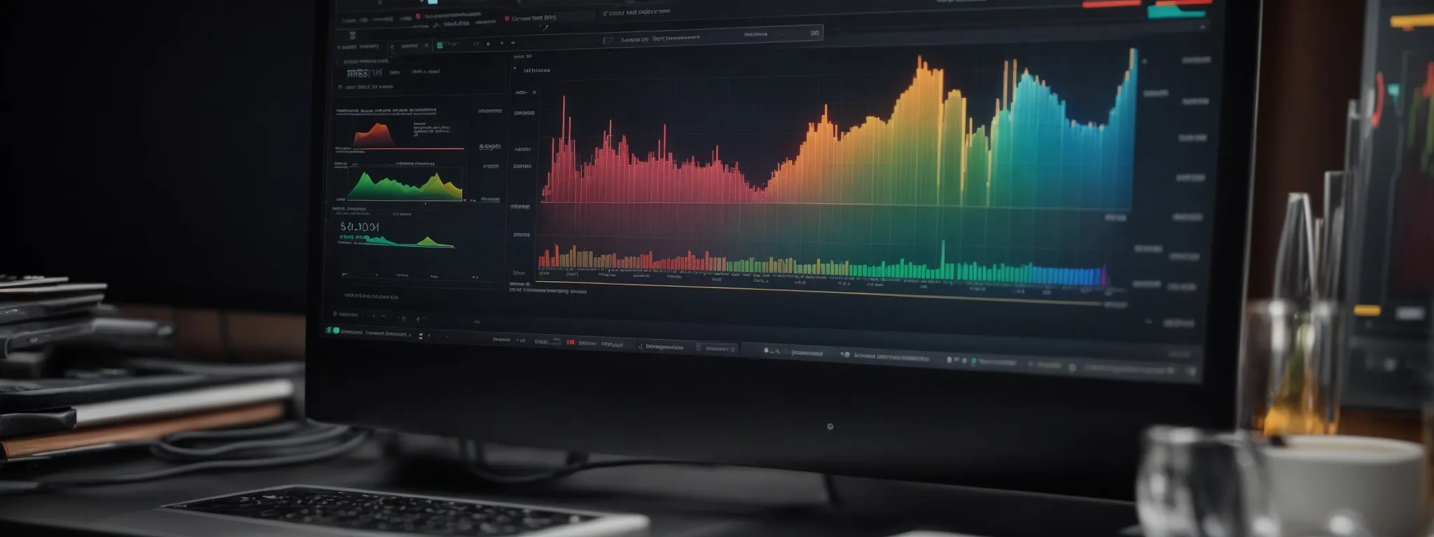 a computer screen displays colorful graphs and charts representing seo analytics for an amazon product listing.