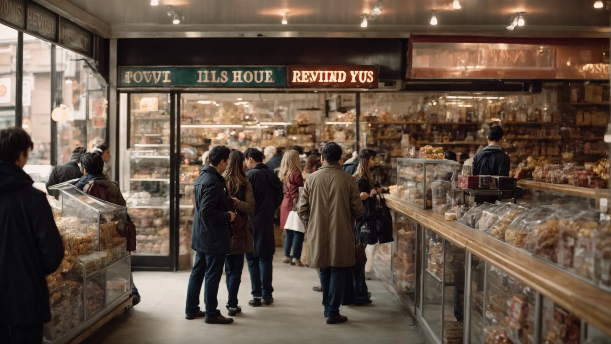 a bustling local shop with a prominently displayed 