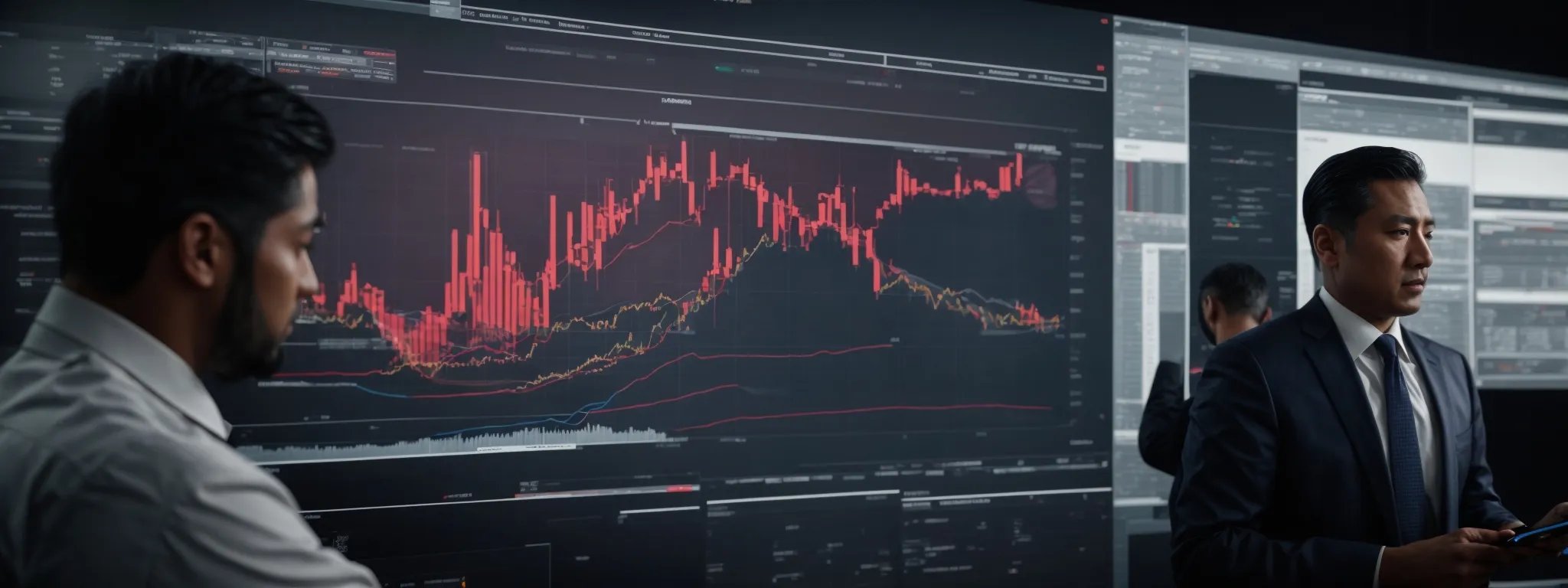 executives analyze interactive dashboards on a large screen displaying data trends and marketing metrics.