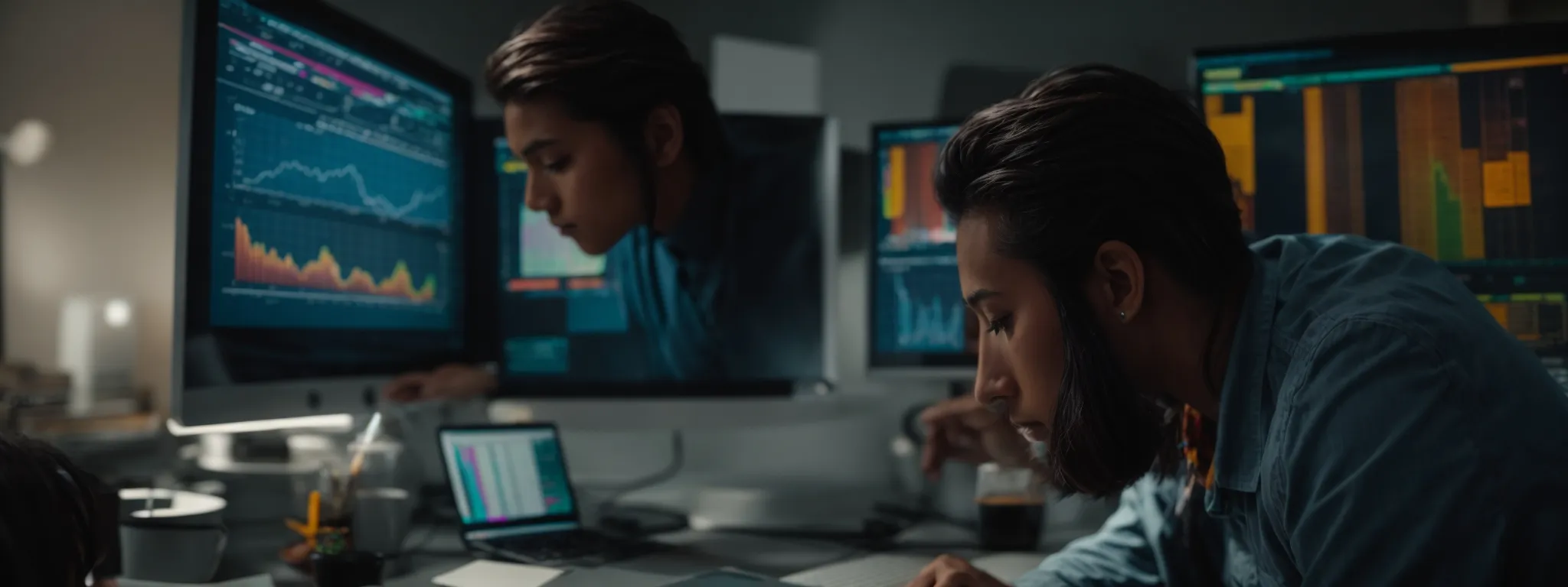 two individuals focused intently on a computer screen displaying colorful graphs and marketing analytics.