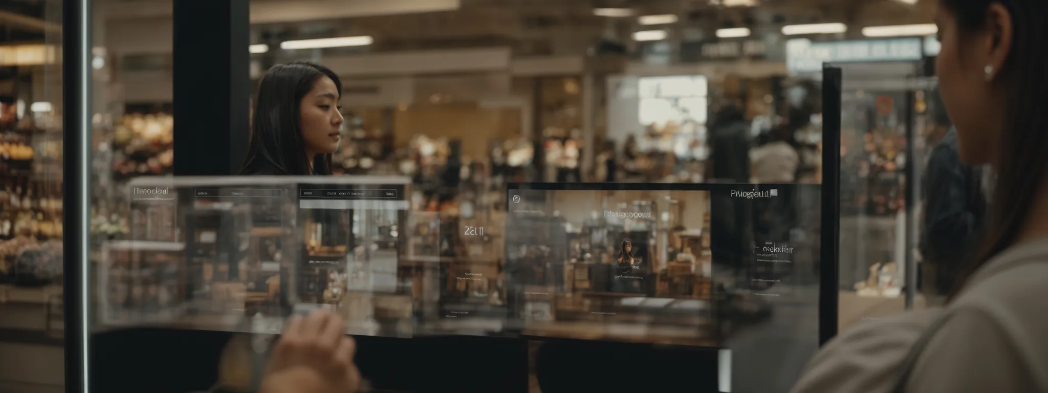 a shopper engages with a visually appealing and responsive touch screen displaying an online store's interface.