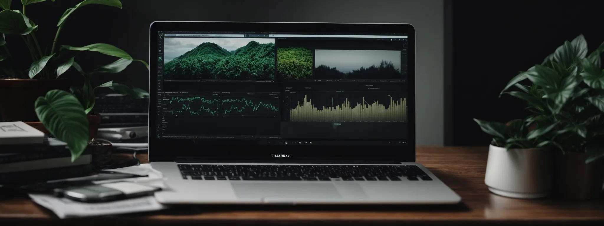 a laptop displaying analytics on a desk with a plant beside it, symbolizing digital growth in saas.