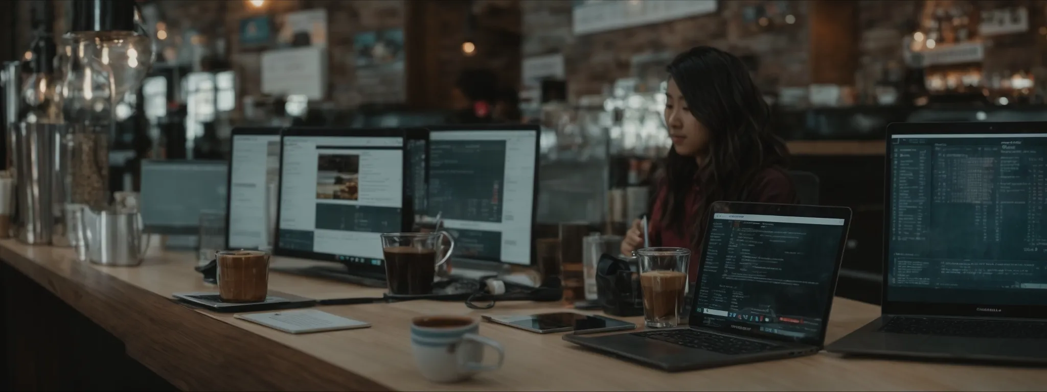 a person sitting at a coffee shop with a laptop open, engrossed in seo analytics on their screen.