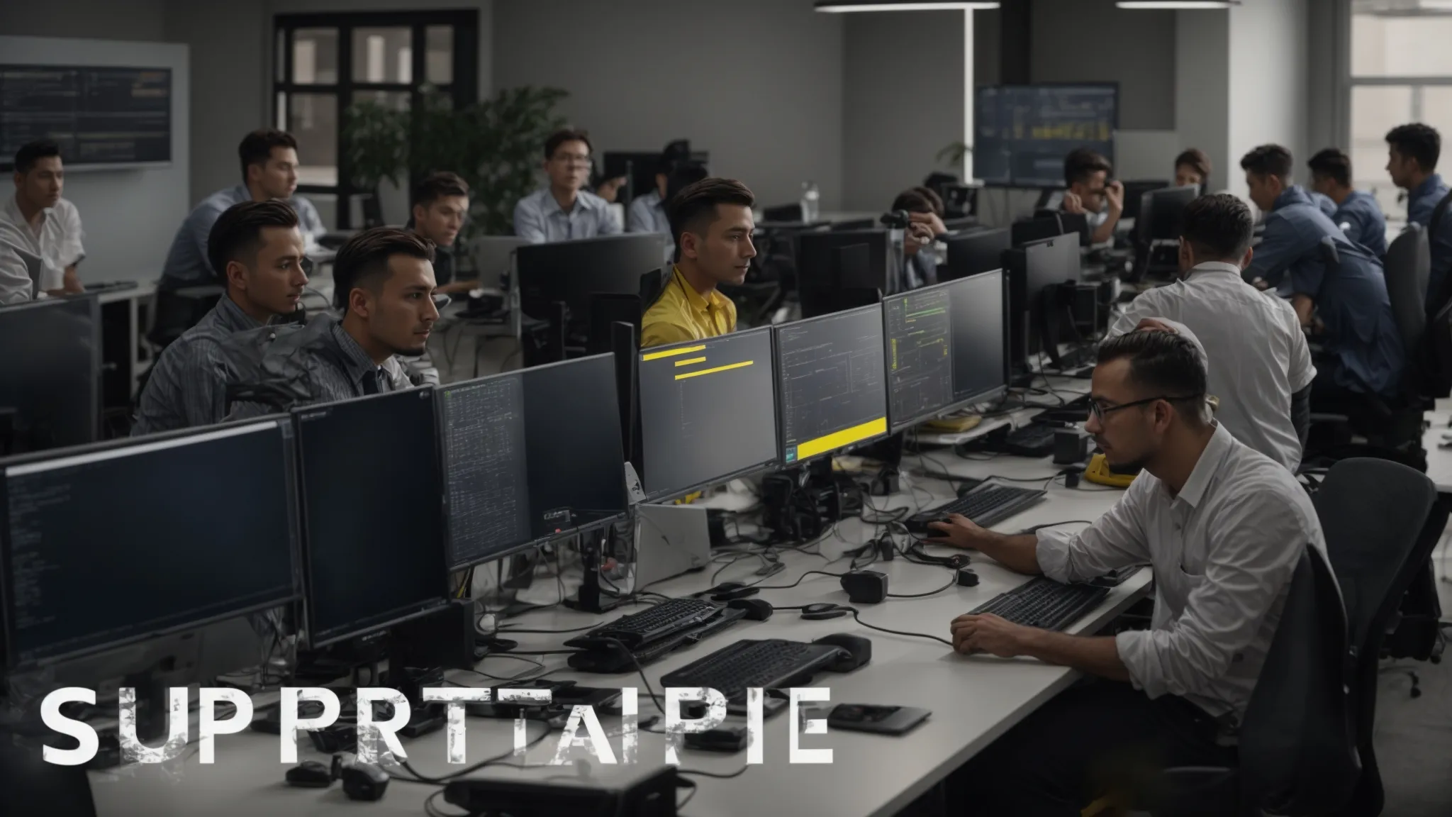 a group of computer technicians with "support ukraine" banners working on a global seo strategy in a tech office.