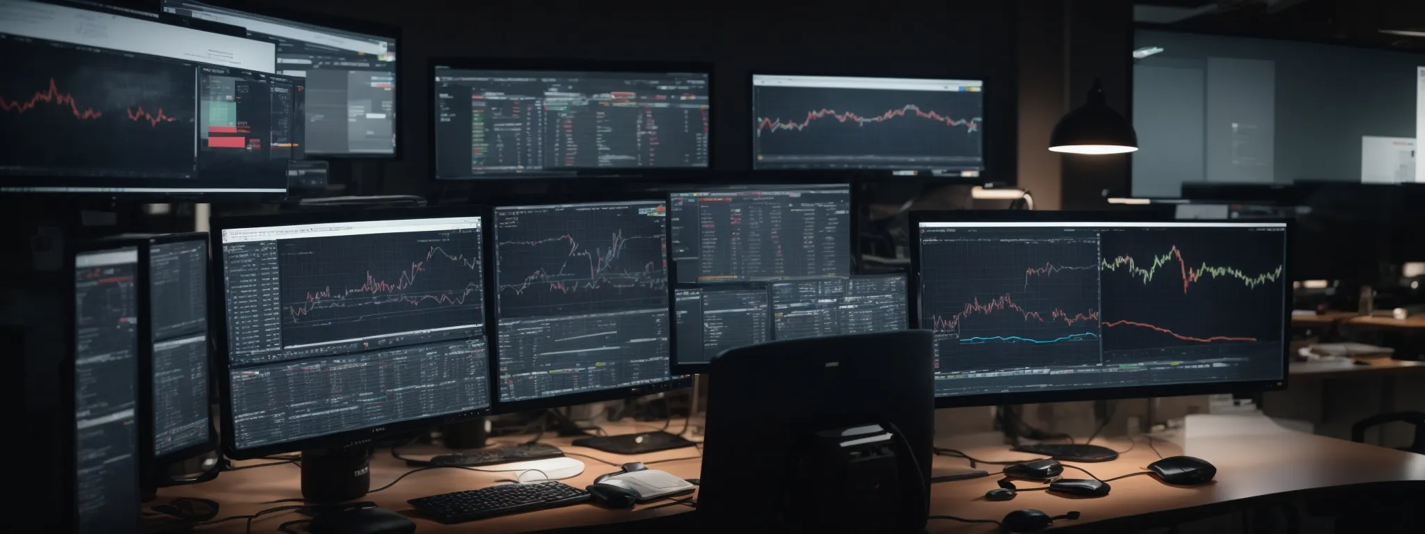 a person at a modern workspace analyzing data trends on a computer with multiple screens displaying graphs and analytics software.