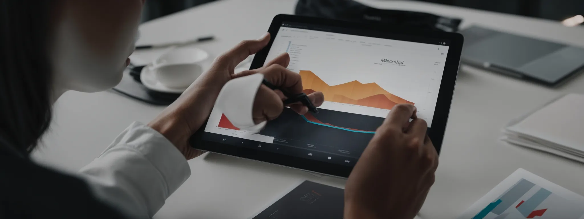 a marketer analyzing graphs and charts on a digital tablet during a marketing strategy meeting.