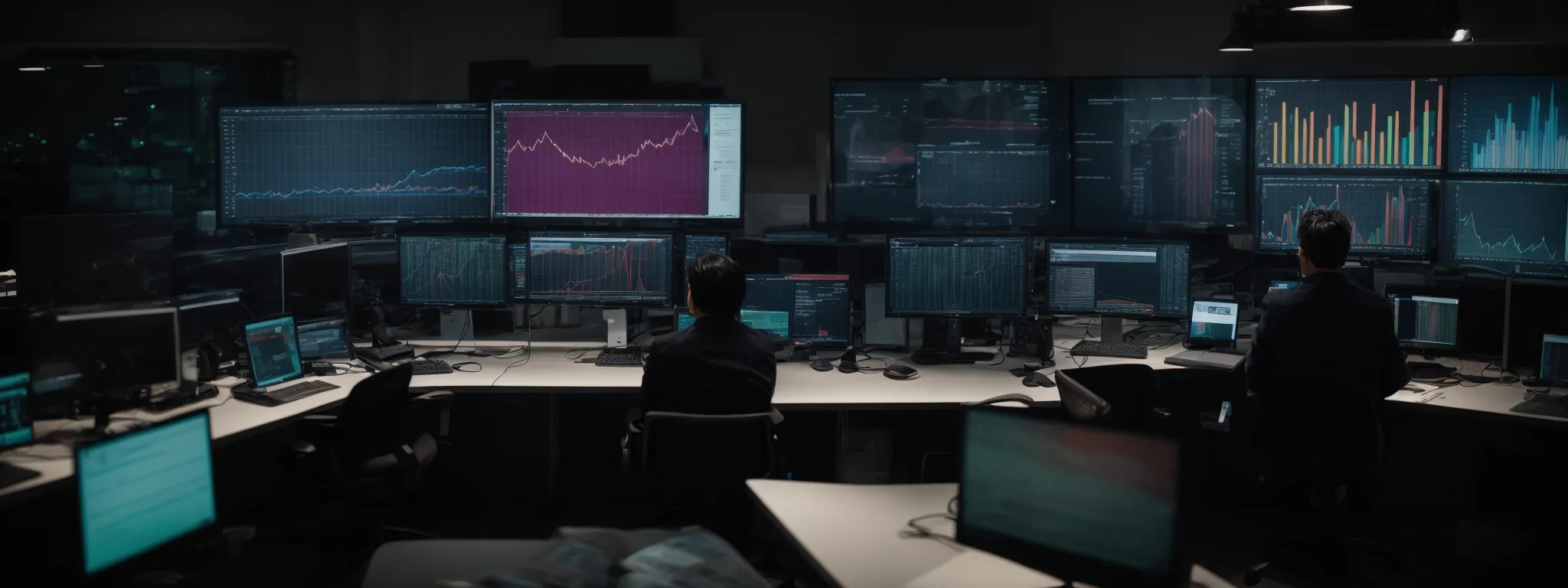 a team of professionals gathered around a large computer screen, analyzing colorful graphs and data charts.