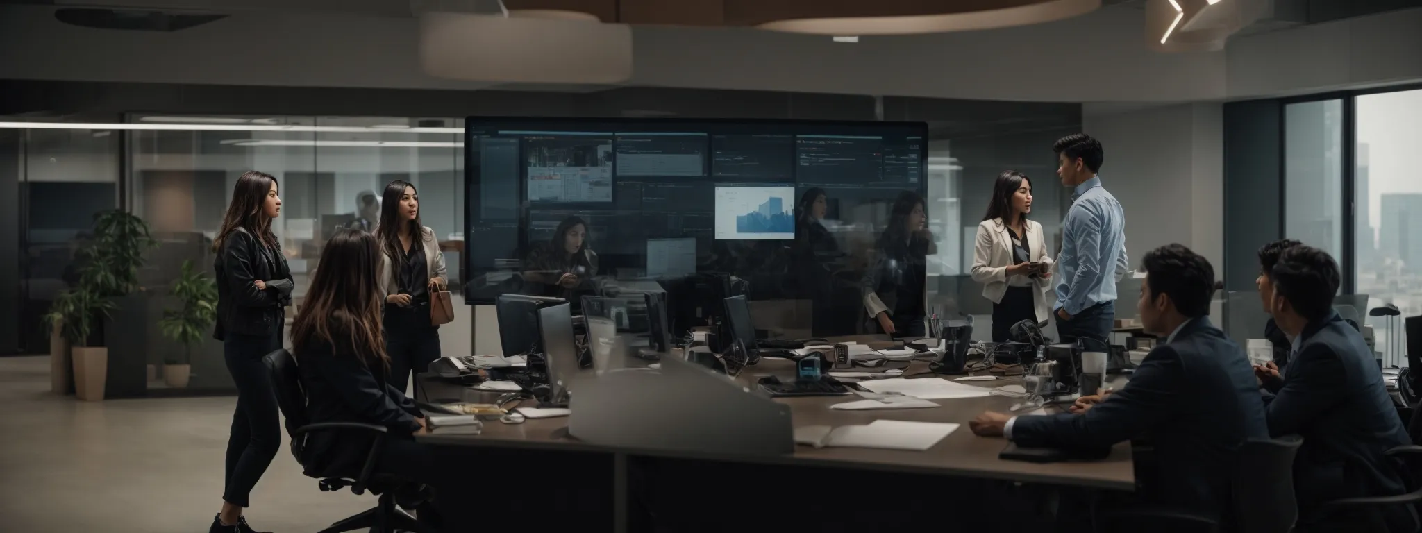 a dynamic team gathered in a modern office, interacting over a digital strategy on a large screen.