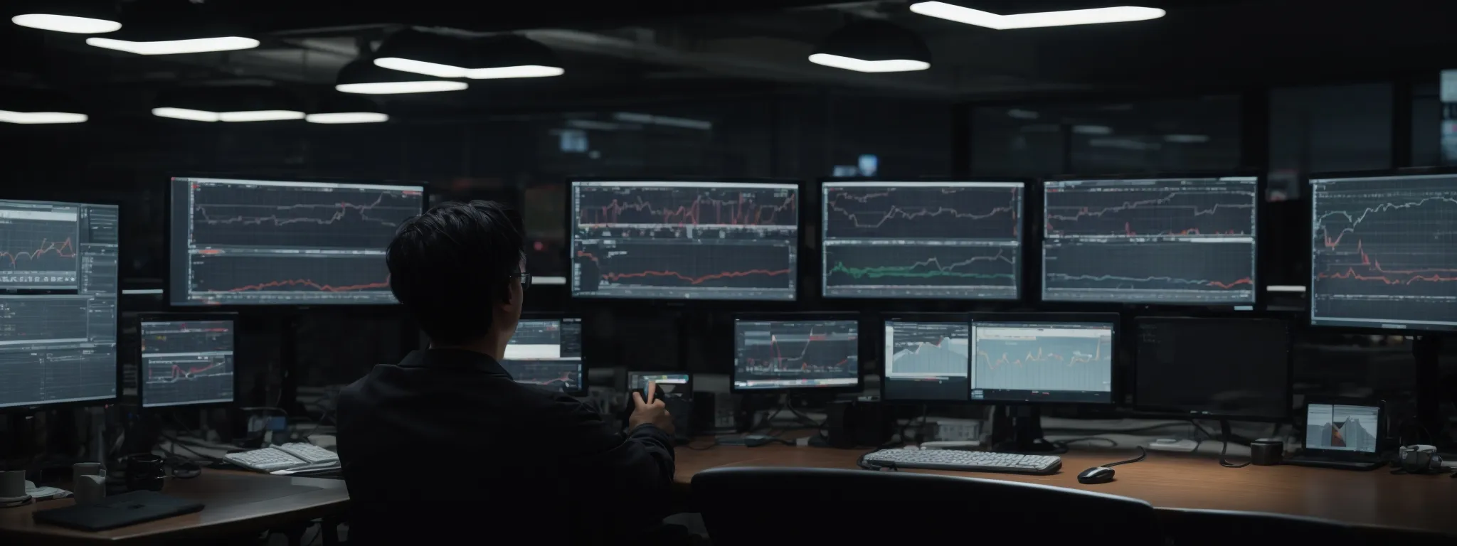 a person sitting at a desk with multiple computer screens displaying graphs and analytics.