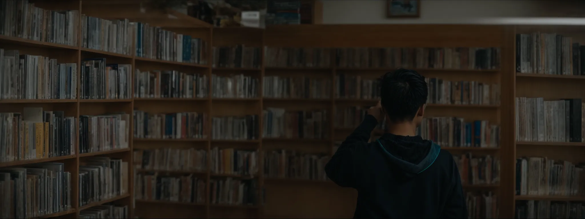 a visitor browsing through a library's interconnected bookshelves with apparent ease.