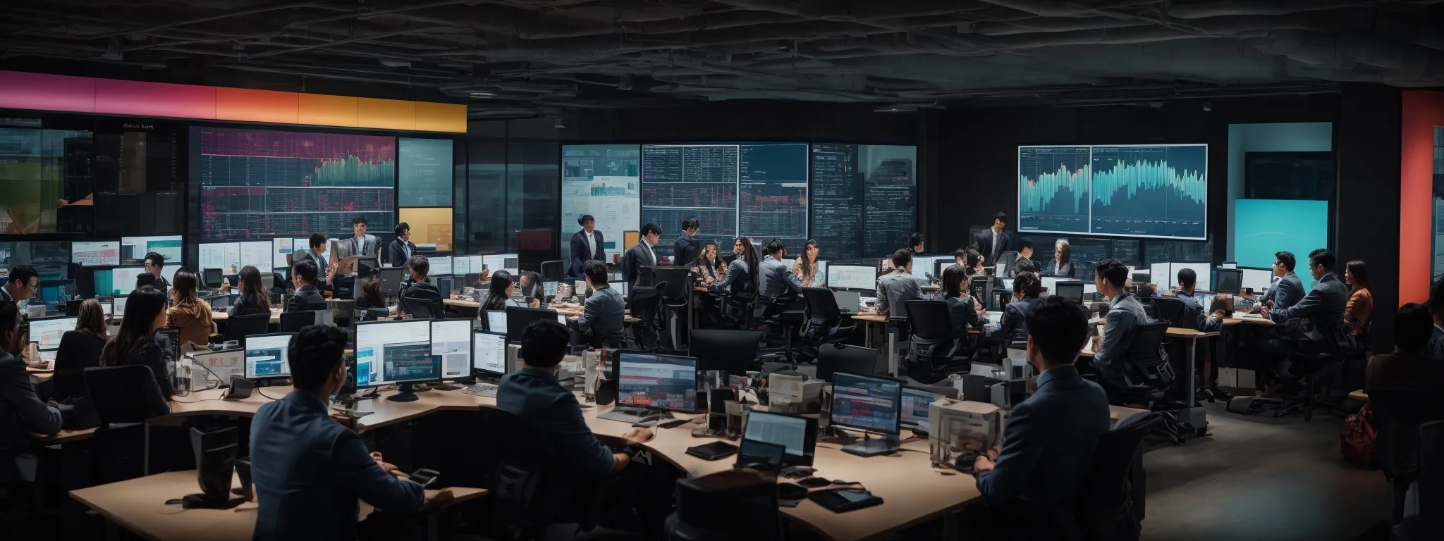 a bustling open-office space filled with marketing professionals collaboratively strategizing around a large digital screen displaying colorful graphs and campaign analytics.