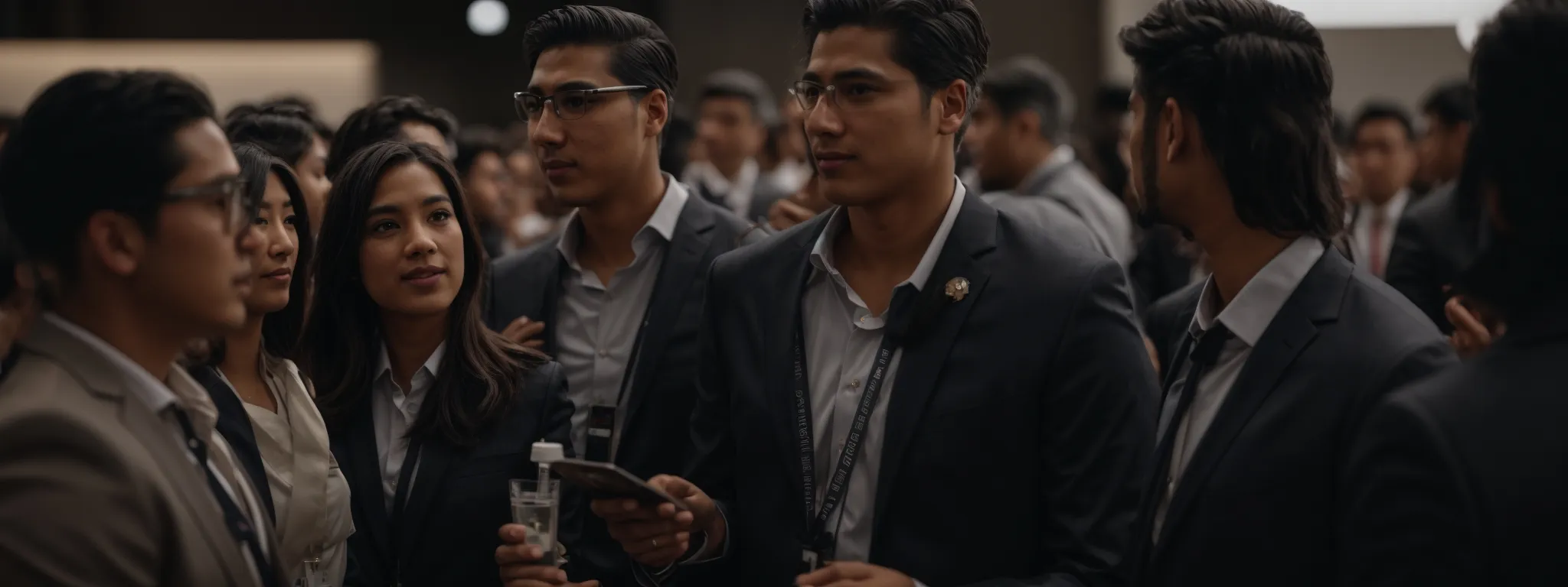 a professional representing their brand stands confidently at a digital marketing conference, engaging with peers during a networking break.