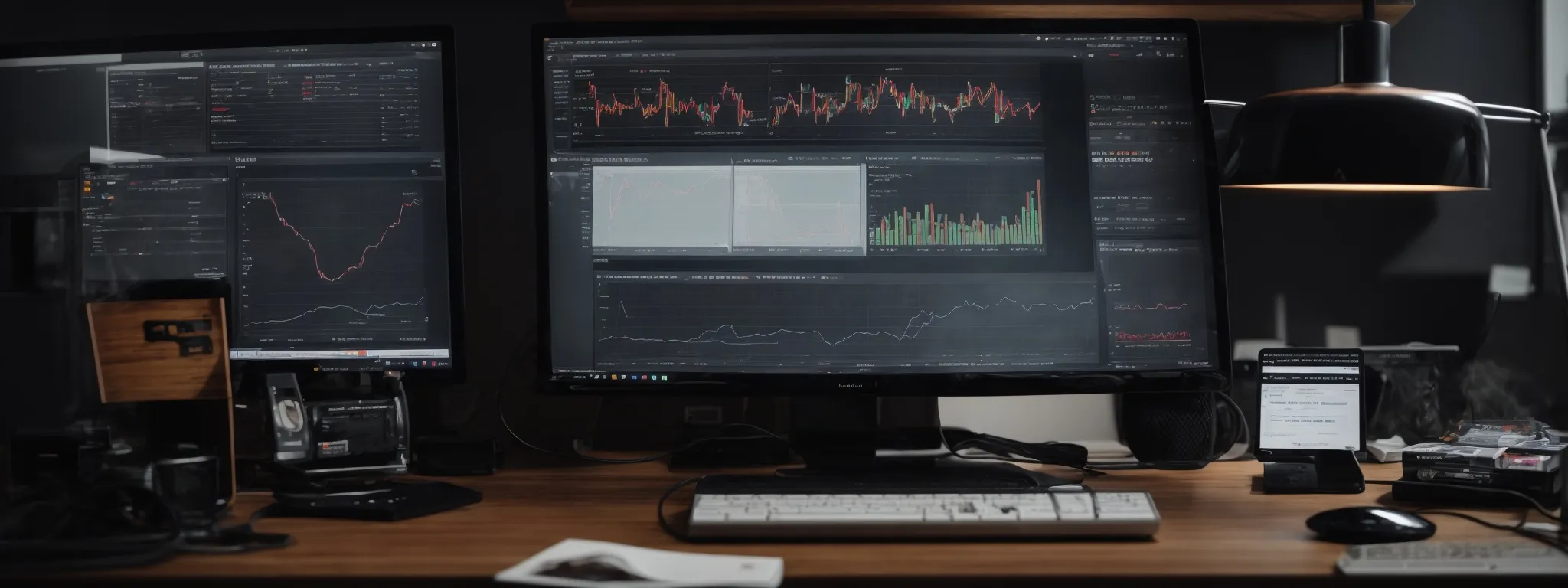 a neat desk featuring a modern computer displaying intricate website analytics graphs and charts.