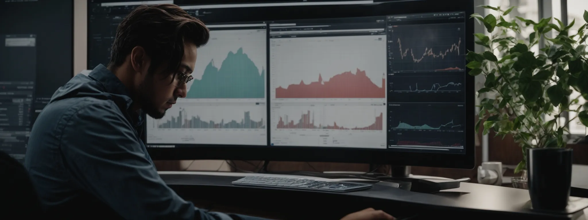 a focused individual analyzing graphs and charts on a computer screen to optimize a marketing strategy.