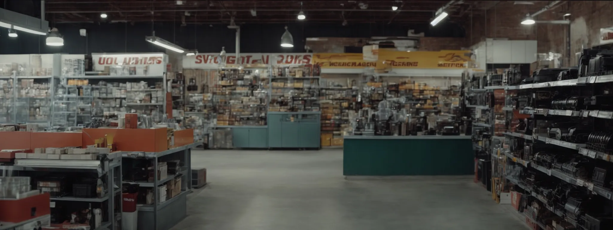 a sleek and organized auto parts store with clear signage directing customers to different sections like 