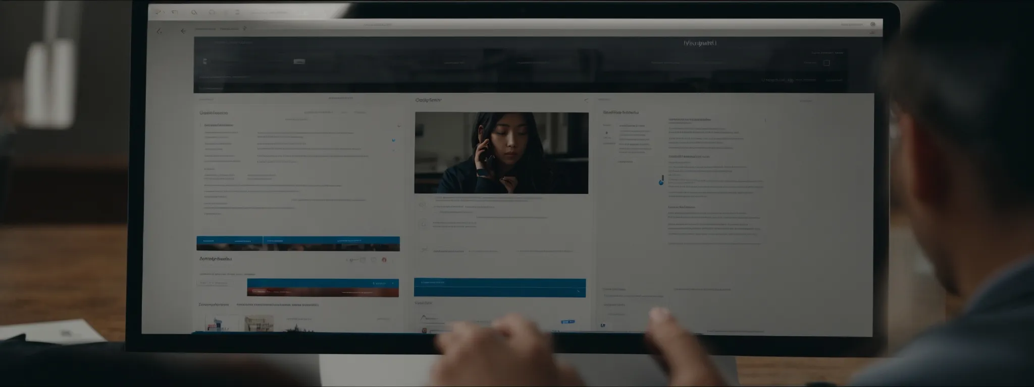 a person reviewing content on a clean, organized website interface on a computer screen with a checklist on the desk.