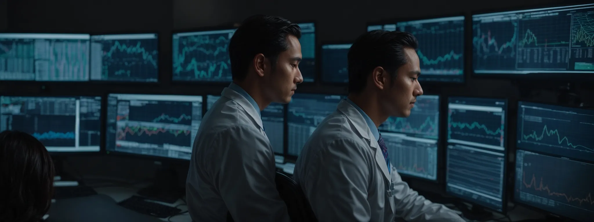 a healthcare professional peers intently at multiple computer screens displaying complex graphs and charts, symbolizing the integration and interpretation of analytics in healthcare.