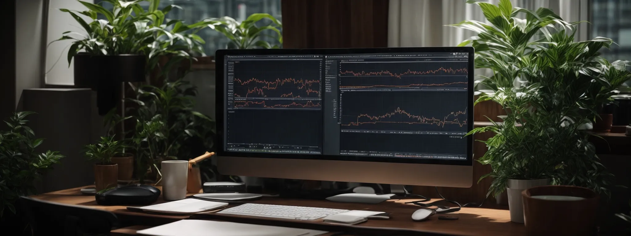 a computer screen displaying a complex data visualization graph next to a potted plant indicating a professional workspace.