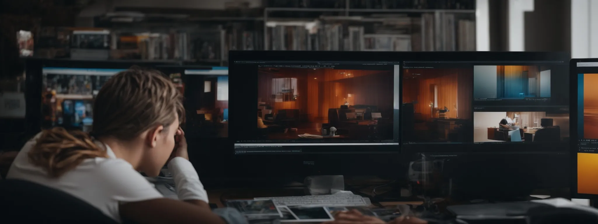 a designer carefully selecting vibrant, eye-catching images on a computer screen for video thumbnails.