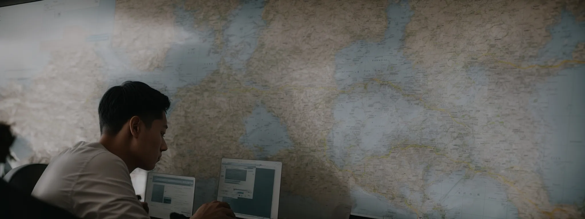 a web designer scrutinizes a site map on a computer screen, strategizing the optimization of navigation paths.