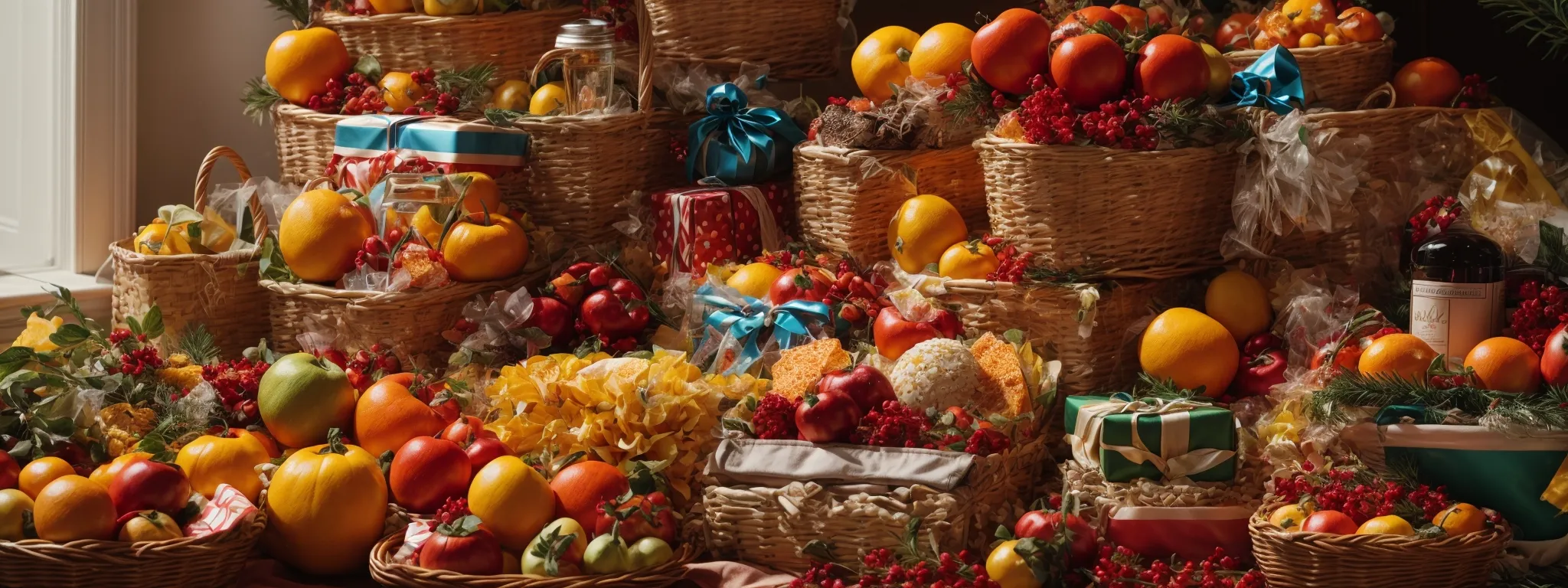 a vibrant display of assorted gift baskets brimming with themed items tailored to various interests.