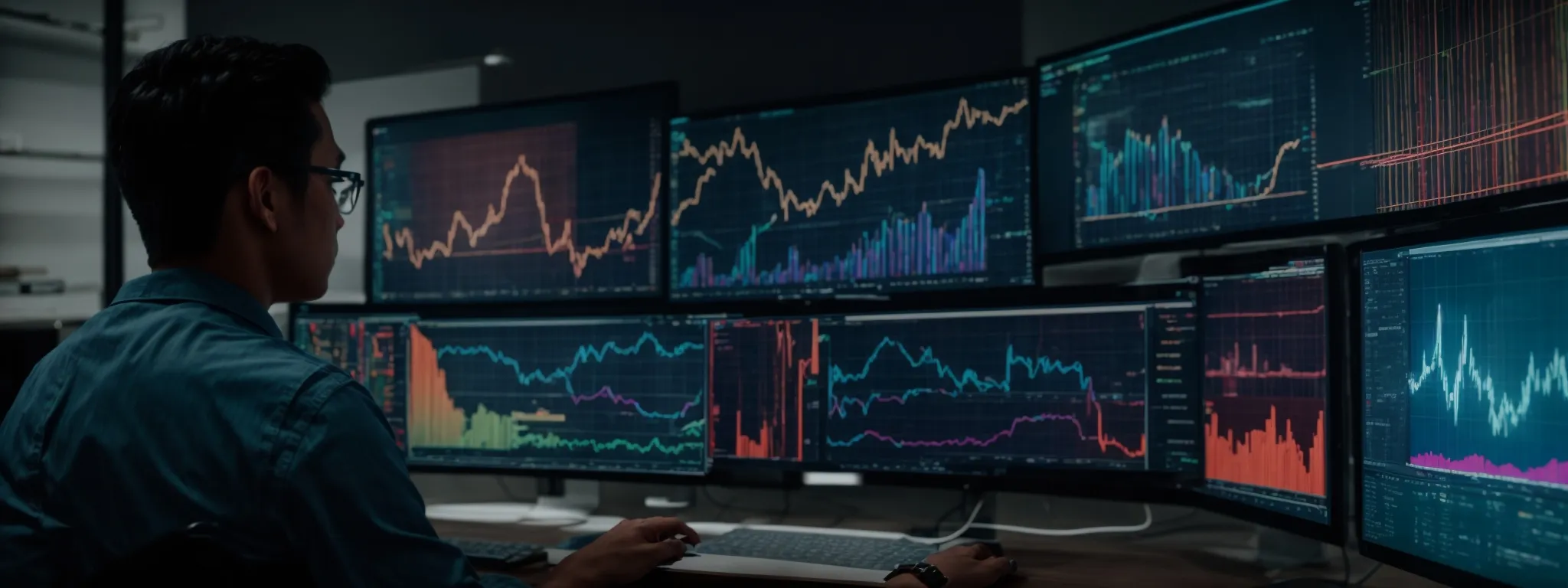 a person analyzes colorful graphs and charts on a large monitor displaying website traffic statistics.
