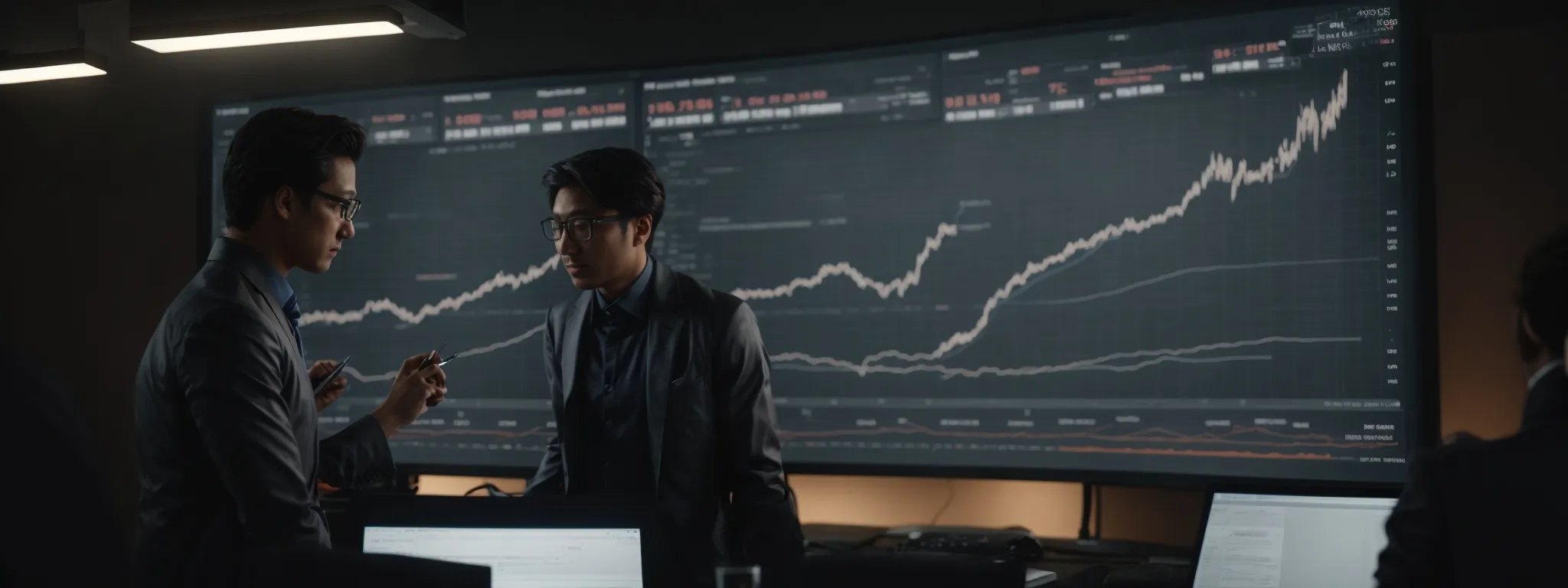 two business professionals analyzing graphs on a large screen, showing seo and ppc campaign performances.