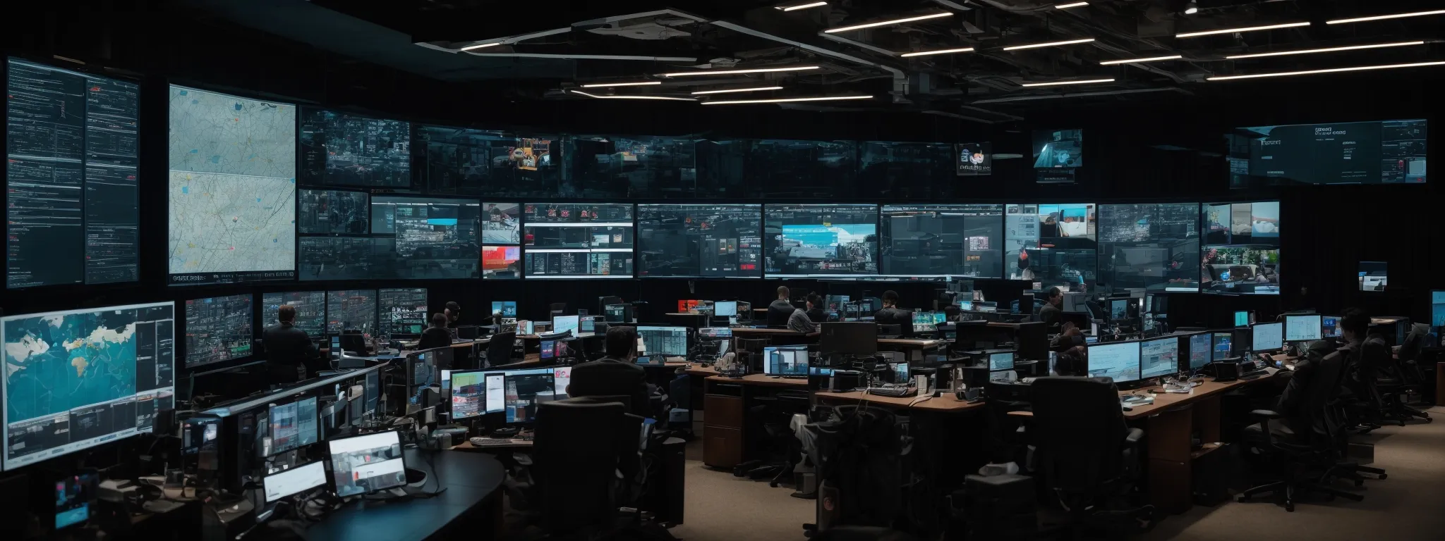 a command center with multiple screens displaying various social media platforms, analytics, and marketing dashboards.