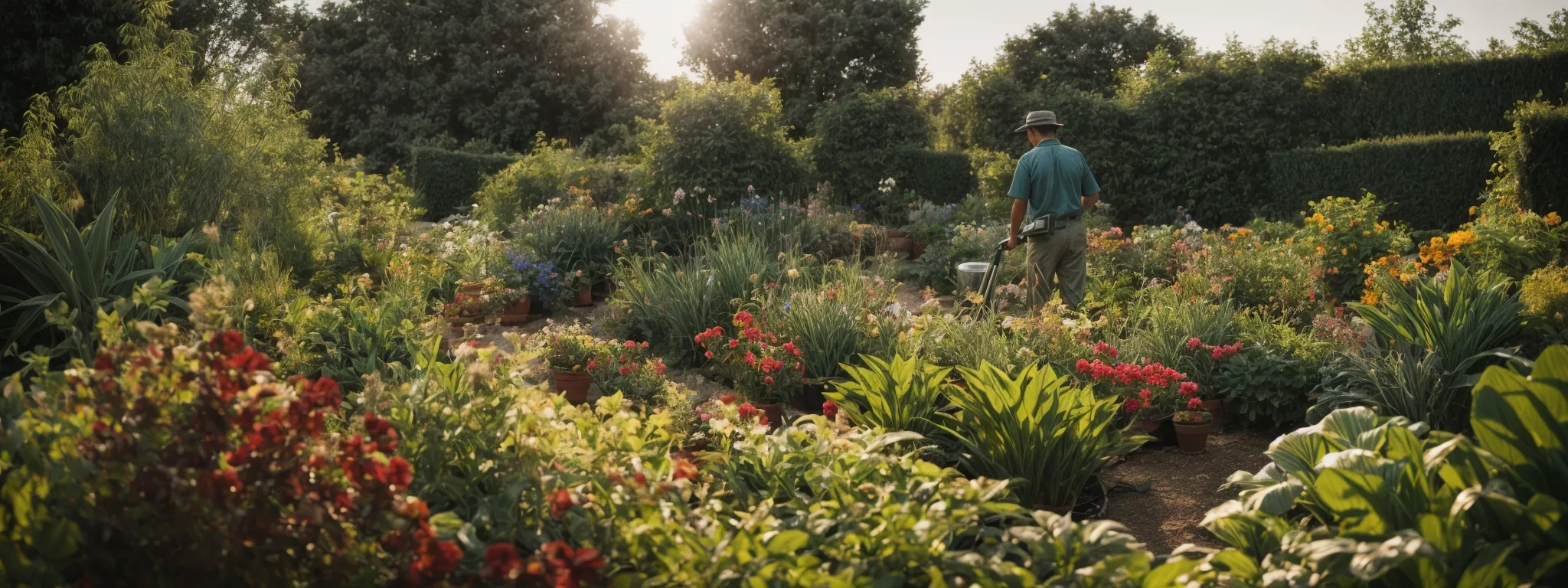 a gardener meticulously tends to a variety of plants in a sunny, well-organized garden.