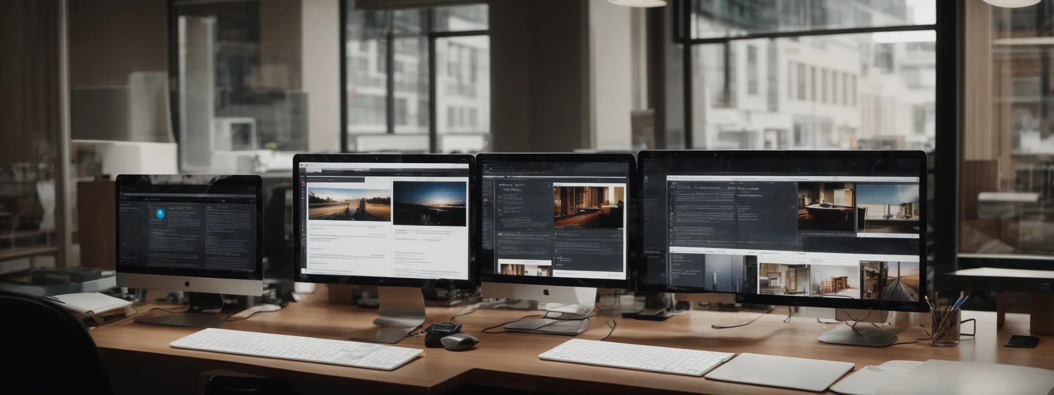 a desk with a computer screen displaying a clean, well-organized website layout.