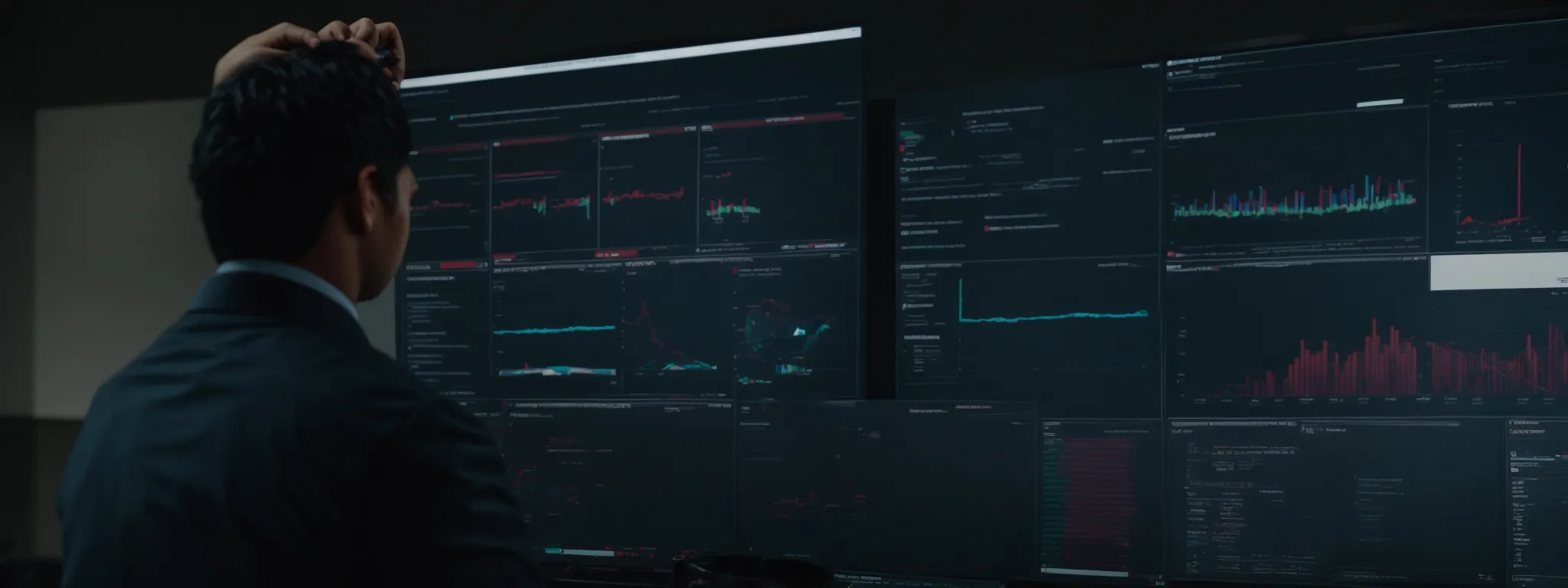 a marketer analyzing a dynamic dashboard displaying website analytics and social media metrics on a large monitor.