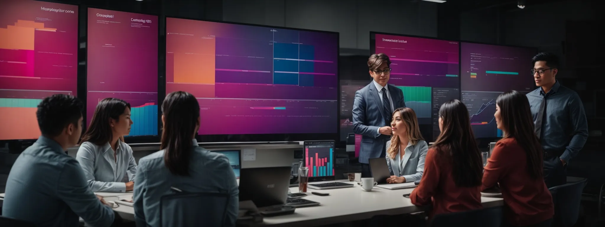 A group of people in a modern office setting discuss data visualizations displayed on large screens during a meeting.