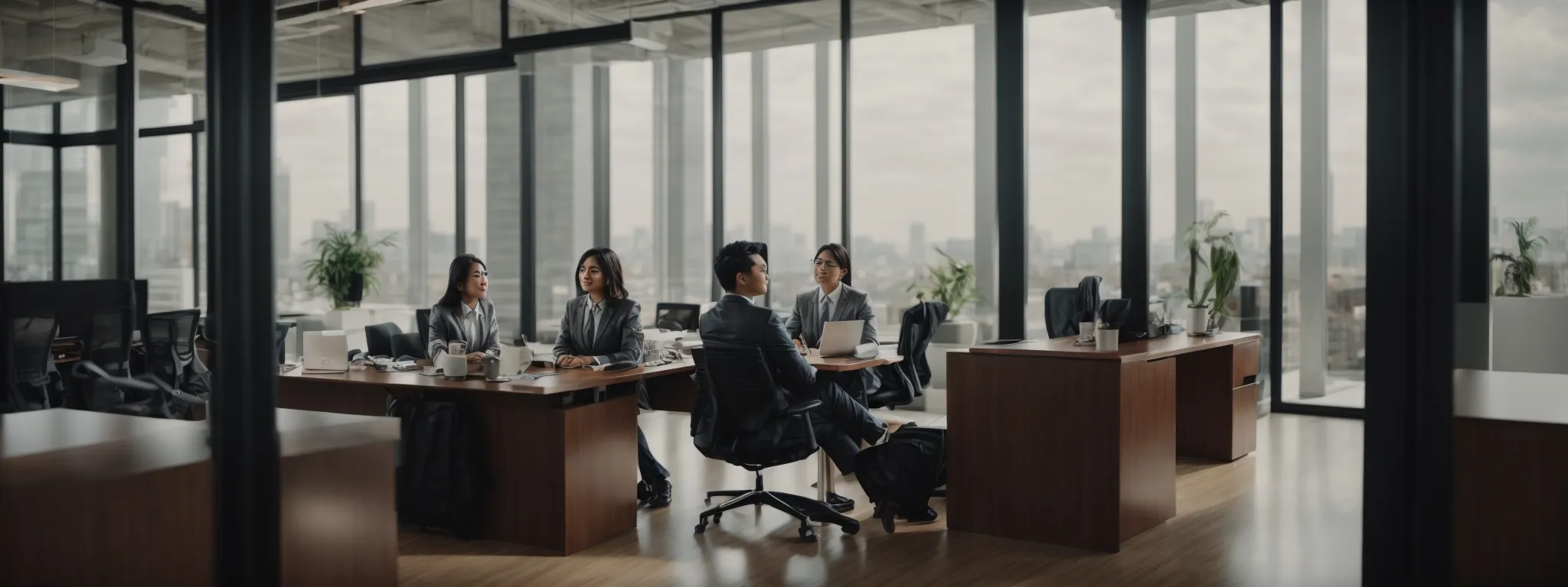 a candidate confidently participates in a digital marketing job interview within a modern office environment.
