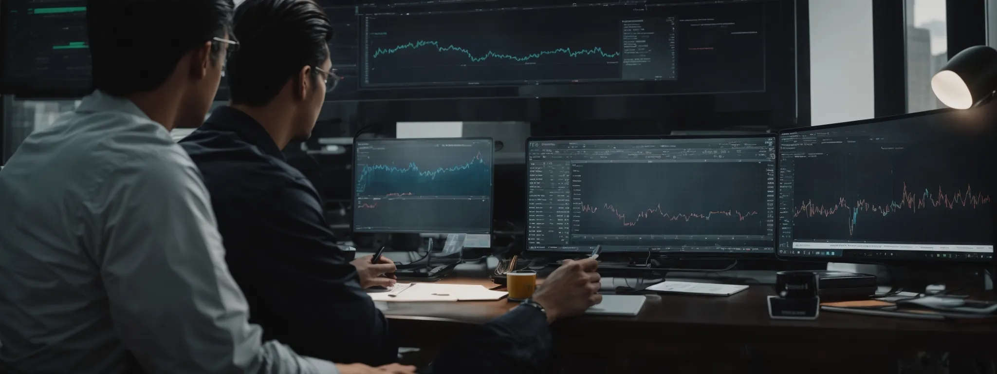 a busy entrepreneur closely analyzes graphs and charts on a computer screen, reflecting the traffic and sales trends of an online shopify store.