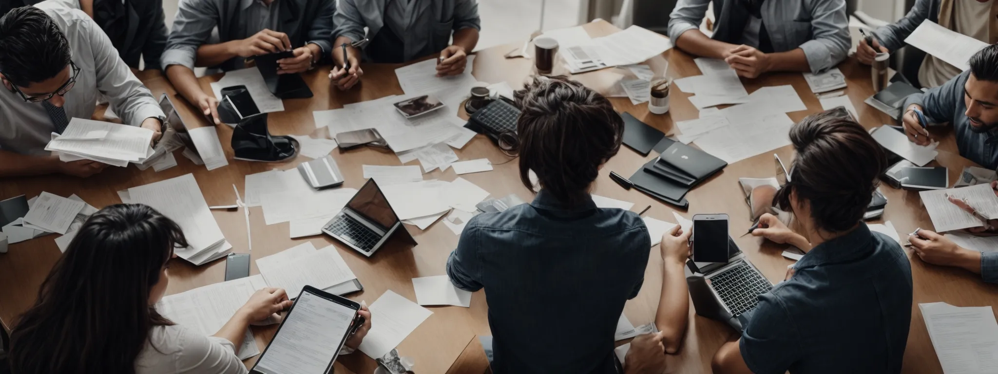 a team huddles over a large office table covered with scattered documents and digital devices, intensely discussing strategies.