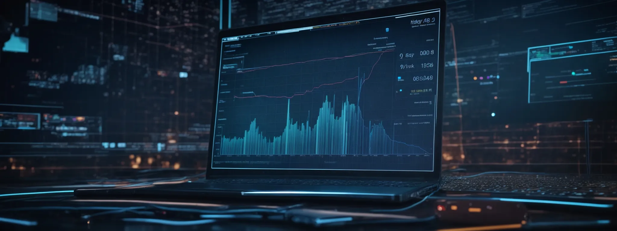a computer screen displaying a graph of search engine rankings against a backdrop of futuristic technology icons symbolizing ai and machine learning.