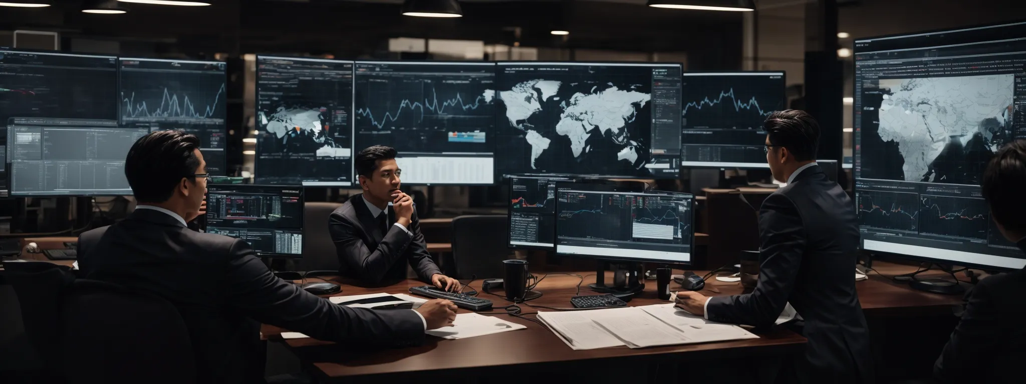 a professional seo meeting with computer screens displaying analytics and graphs to reflect the development of a backlink profile.