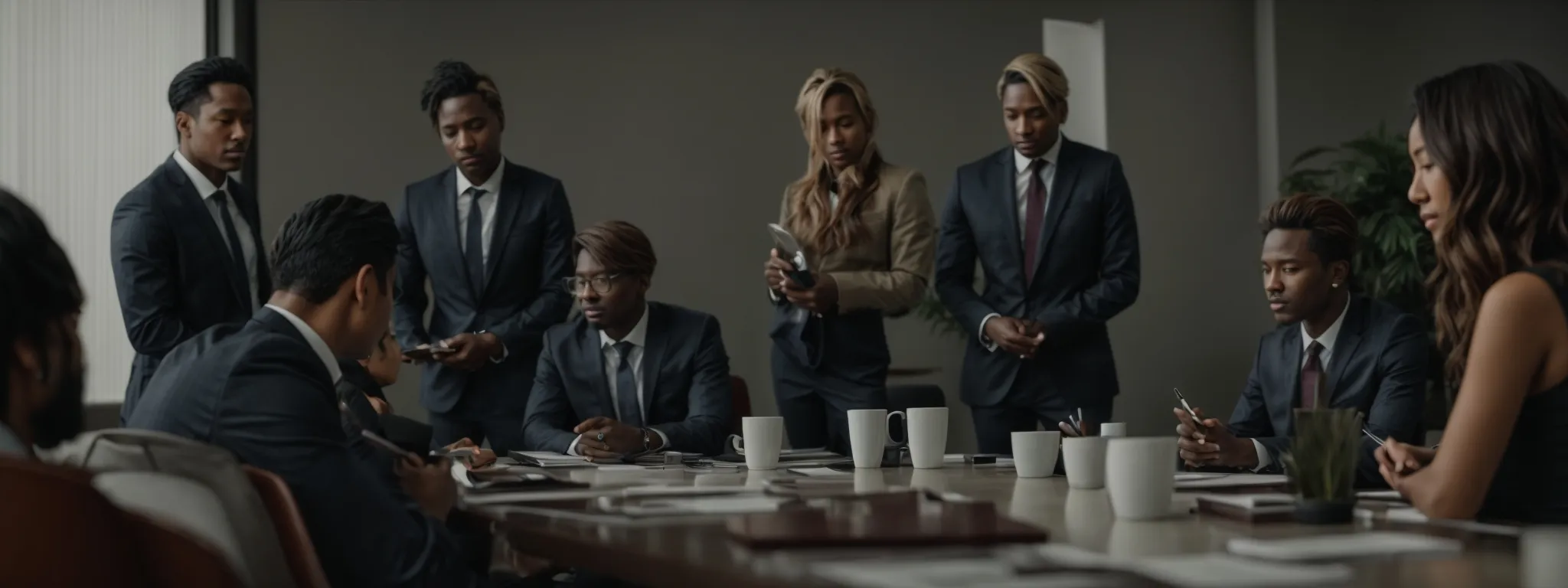 a group of diverse professionals gather around a conference table, engaging in a strategic meeting.