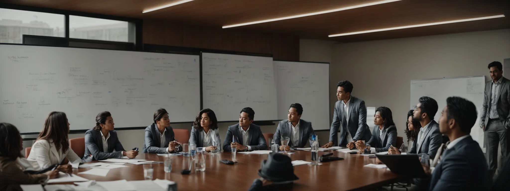 a team of professionals gather around a conference table, engaged in a strategic planning session with a whiteboard outlining a growth-focused roadmap in the background.