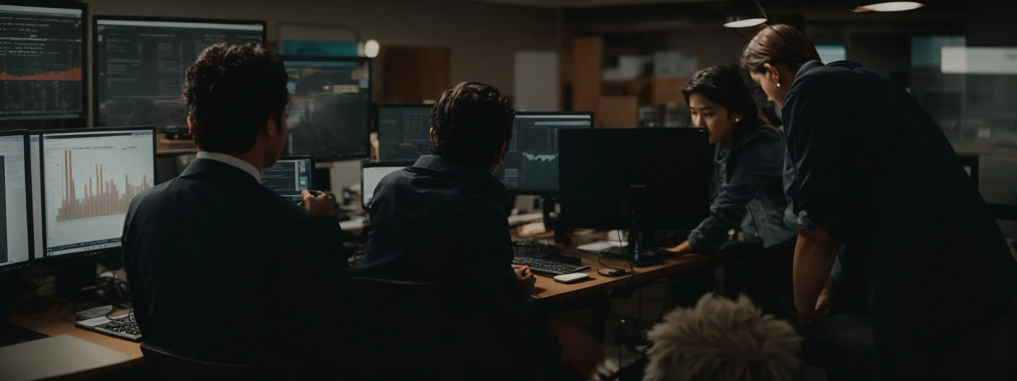 a team gathers around a computer, intently analyzing charts and graphs displaying website traffic data.