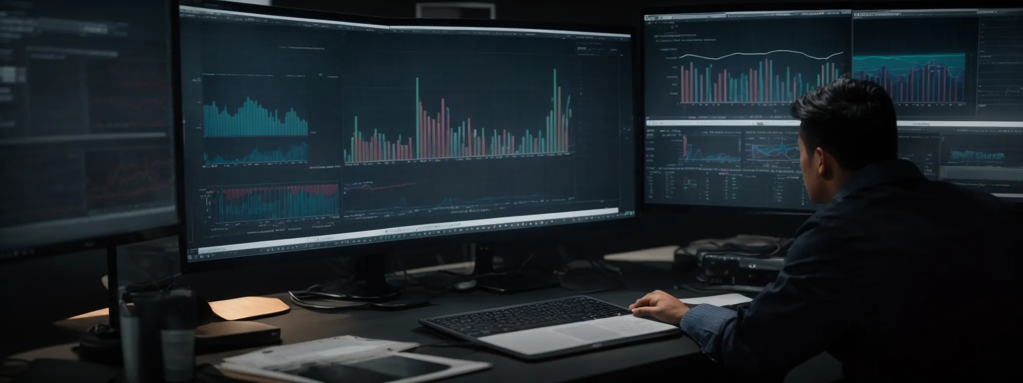 a professional at a computer analyzes charts and graphs on digital marketing metrics.